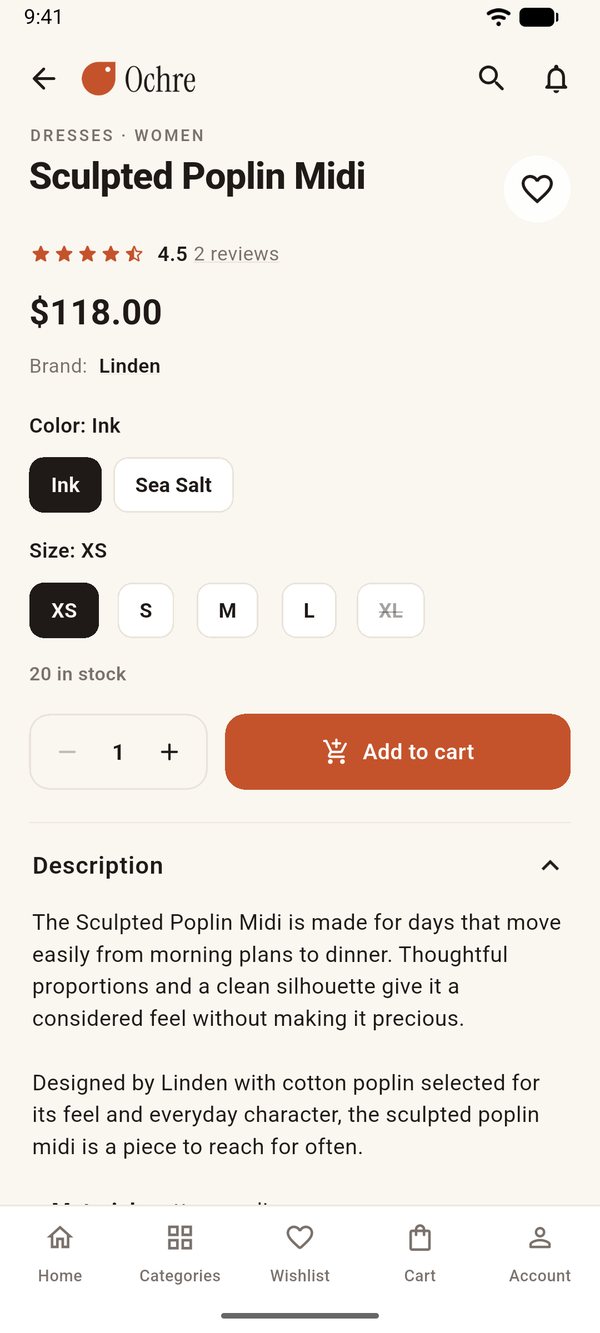 Sizes and colours